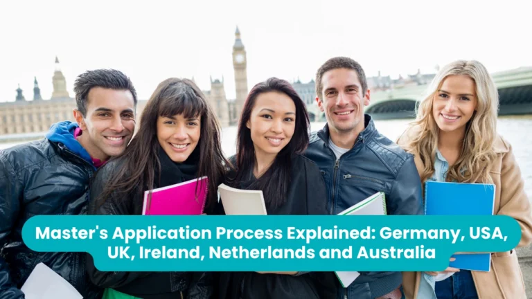 Banner reading 'Master's Application Process Explained: Germany, USA, UK, Ireland, Netherlands and Australia' across a photograph of five smiling students holding notebooks in front of the Houses of Parliament and Westminster Bridge in London