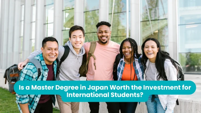Master's degree in Japan: five international students standing arm in arm and smiling outside a modern glass-and-column university building