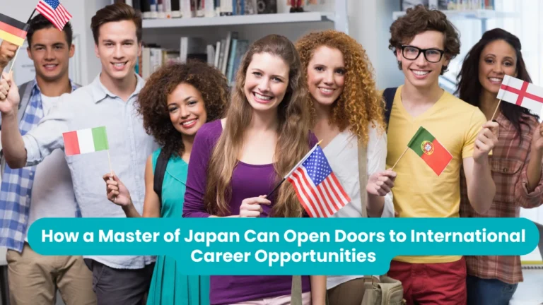 Master's in Japan for international careers: seven students standing together holding small national flags including Germany, the United States, Italy, Portugal and England