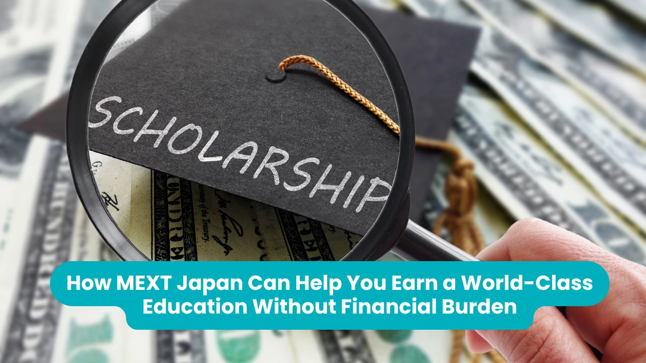 How MEXT Japan Can Help You Earn a World-Class Education Without Financial Burden — a magnifying glass held over a black graduation cap with the word Scholarship written across it