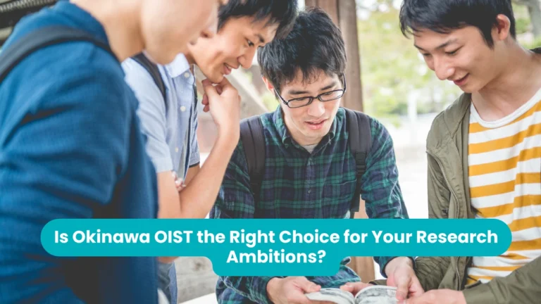 Is Okinawa OIST the Right Choice for Your Research Ambitions? — four students leaning over an open book together outdoors, reading and talking