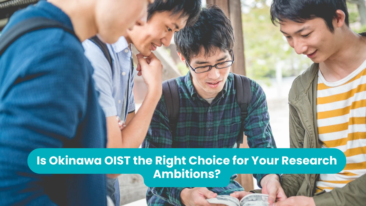 Is Okinawa OIST the Right Choice for Your Research Ambitions? — four students leaning over an open book together outdoors, reading and talking