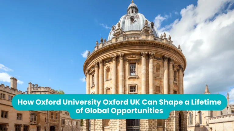The domed Radcliffe Camera in Oxford under a clear blue sky, honey-coloured stone and classical columns, with college buildings on either side
