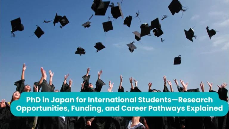 PhD in Japan for international students: graduates in black gowns throw their mortarboard caps into a clear blue sky, arms raised in celebration