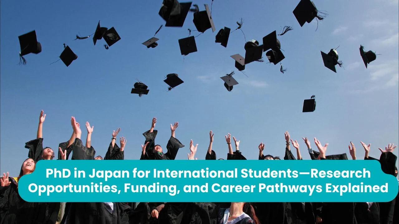 PhD in Japan for international students: graduates in black gowns throw their mortarboard caps into a clear blue sky, arms raised in celebration