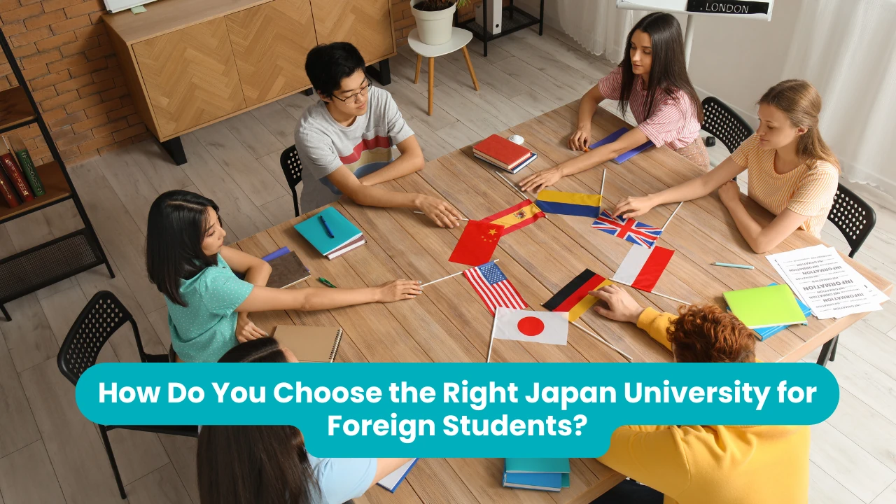 How Do You Choose the Right Japan University for Foreign Students? — six students seated around a wooden table with notebooks, holding small national flags including Japan, China, Spain, the United Kingdom, the United States and Germany