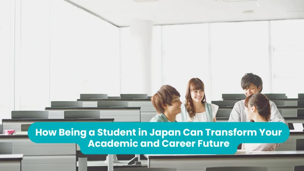 Being a student in Japan: four students smiling and talking together in a bright, empty university lecture hall