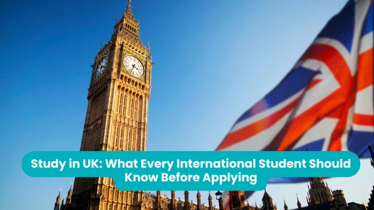 Banner reading 'Study in UK: What Every International Student Should Know Before Applying' across a photograph of the Elizabeth Tower and Big Ben in low sunlight against a clear blue sky, with a Union Jack flying out of focus to the right