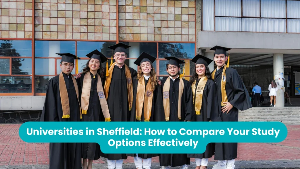 Seven graduates in black caps and gowns with gold sashes standing together and smiling outside a modern glass-fronted building