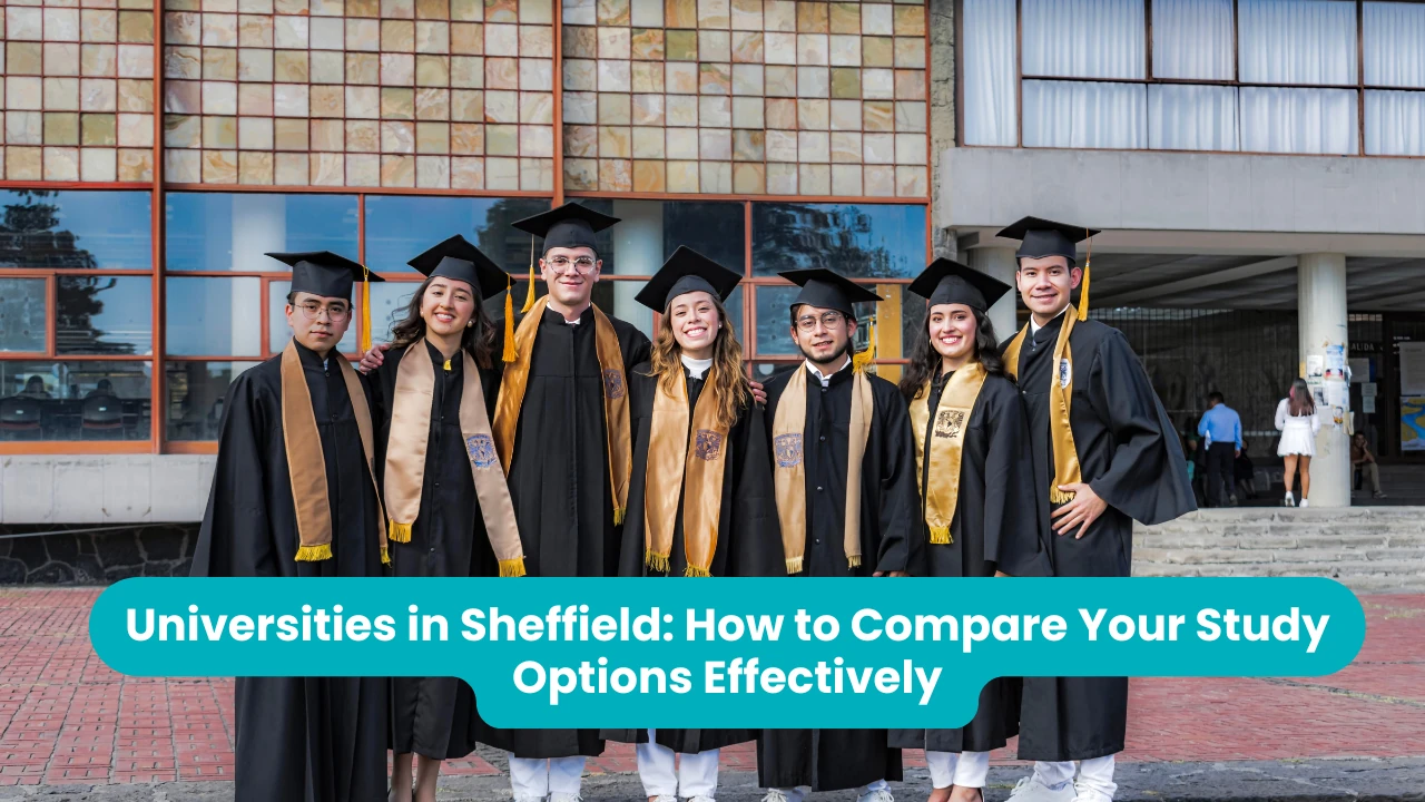 Seven graduates in black caps and gowns with gold sashes standing together and smiling outside a modern glass-fronted building