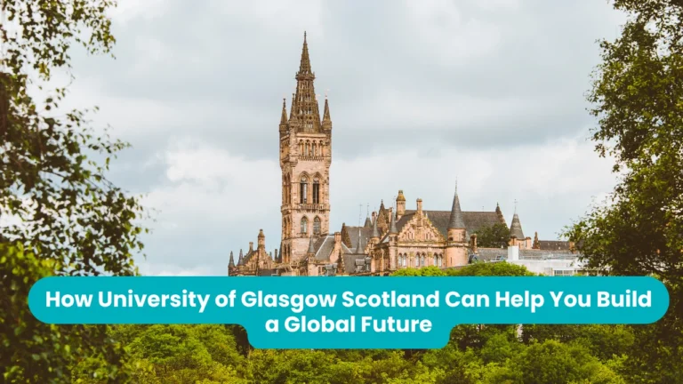 The University of Glasgow's Gilbert Scott Building, its tall Gothic spire rising above turreted sandstone rooftops, framed by green trees under a bright overcast sky
