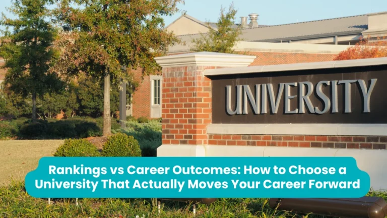Banner reading 'Rankings vs Career Outcomes: How to Choose a University That Actually Moves Your Career Forward' across a photograph of a brick and stone campus entrance sign with metal lettering spelling UNIVERSITY, autumn trees behind it