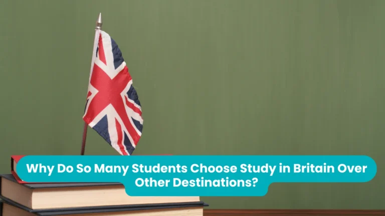 Banner reading 'Why Do So Many Students Choose Study in Britain Over Other Destinations?' across a photograph of a small Union Jack desk flag standing in a stack of hardback books against a plain green background