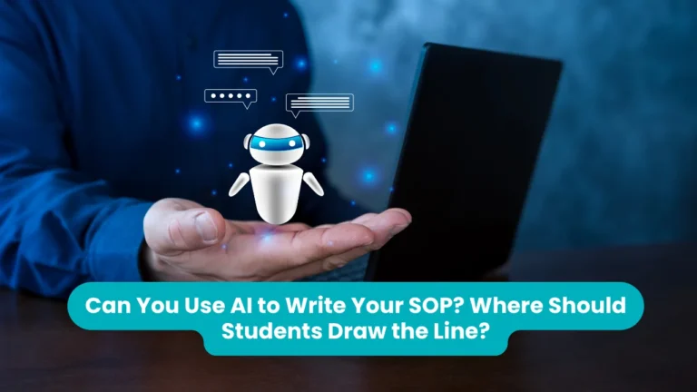 Banner reading 'Can You Use AI to Write Your SOP? Where Should Students Draw the Line?' across a photograph of a person in a blue shirt holding out an open hand with a small white robot and chat bubbles floating above it, beside a laptop