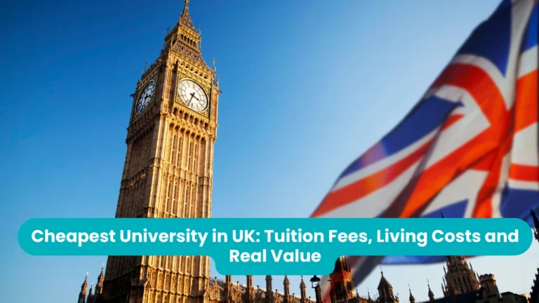 Banner reading 'Cheapest University in UK: Tuition Fees, Living Costs and Real Value' across a photograph of the Elizabeth Tower clock face against a clear blue sky, with a Union Jack flag blurred in the foreground