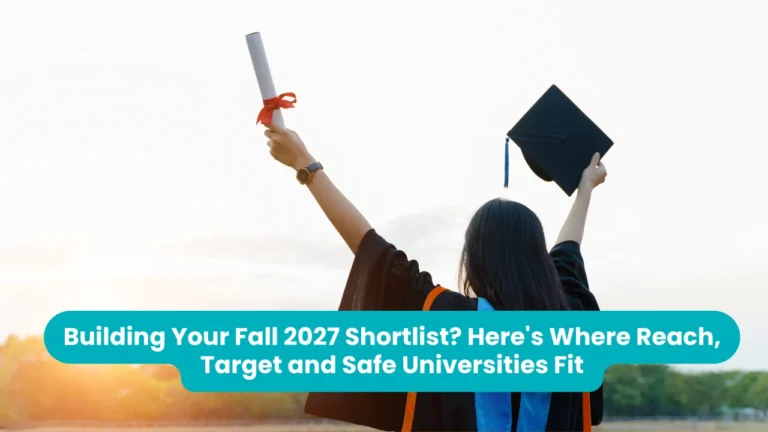 Banner reading 'Building Your Fall 2027 Shortlist? Here's Where Reach, Target and Safe Universities Fit' across a photograph of a graduate seen from behind at sunset, arms raised holding a rolled diploma tied with a red ribbon in one hand and a black mortarboard in the other