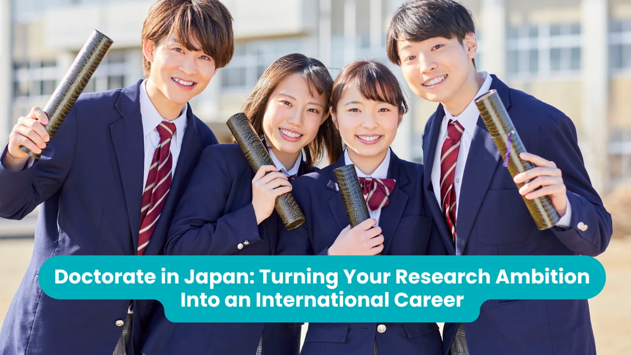 Banner reading 'Doctorate in Japan: Turning Your Research Ambition Into an International Career' across a photograph of four smiling students in navy school blazers and striped ties holding up diploma tubes outside a school building