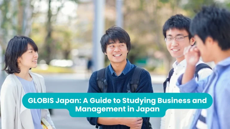 Banner reading 'GLOBIS Japan: A Guide to Studying Business and Management in Japan' across a photograph of four young people with backpacks chatting and laughing outdoors on a tree-lined campus