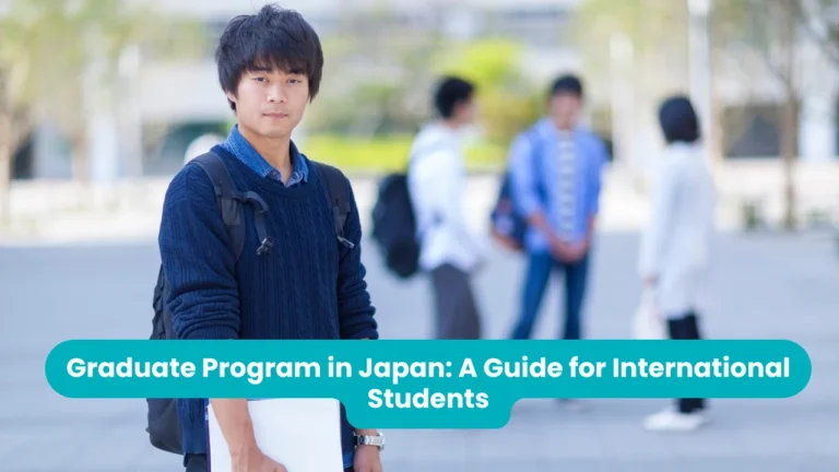 Banner reading 'Graduate Program in Japan: A Guide for International Students' across a photograph of a student in a navy sweater with a backpack, holding a folder on a campus plaza while other students talk out of focus behind him
