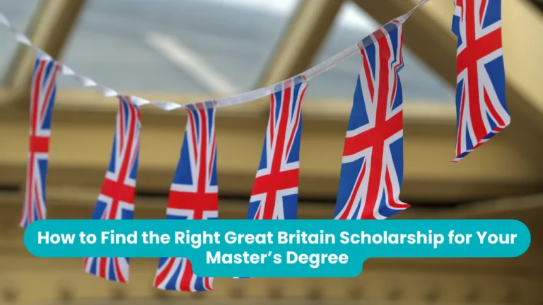 Banner reading 'How to Find the Right Great Britain Scholarship for Your Master’s Degree' across a photograph of a string of Union Jack bunting hanging under a glass roof