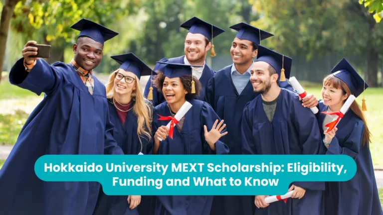 Banner reading 'Hokkaido University MEXT Scholarship: Eligibility, Funding and What to Know' across a photograph of a group of graduates in navy gowns and mortarboards taking a selfie outdoors, several holding rolled diplomas tied with red ribbon