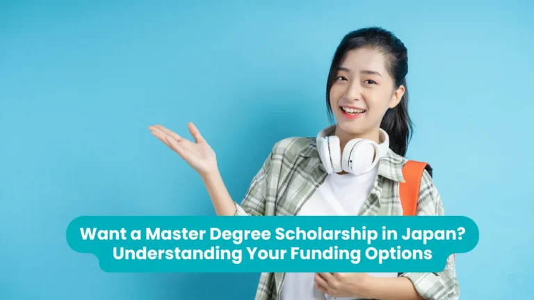 Banner reading 'Want a Master Degree Scholarship in Japan? Understanding Your Funding Options' across a photograph of a smiling student in a checked shirt with headphones round her neck and an orange backpack, gesturing with an open hand against a blue background
