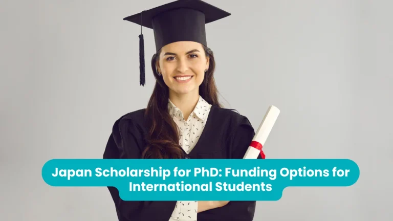 Banner reading 'Japan Scholarship for PhD: Funding Options for International Students' across a photograph of a smiling graduate in a black gown and mortarboard holding a rolled diploma tied with a red ribbon, against a grey background