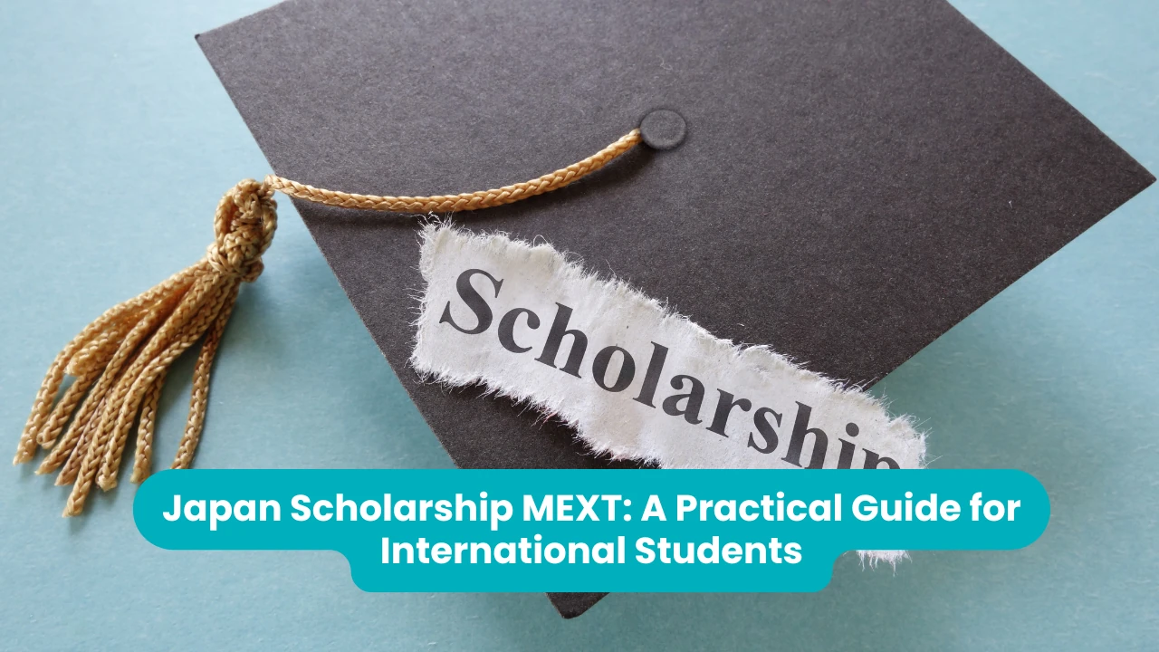 Banner reading 'Japan Scholarship MEXT: A Practical Guide for International Students' across a close-up of a black graduation cap with a gold tassel and a torn paper strip reading 'Scholarship' on a pale blue background