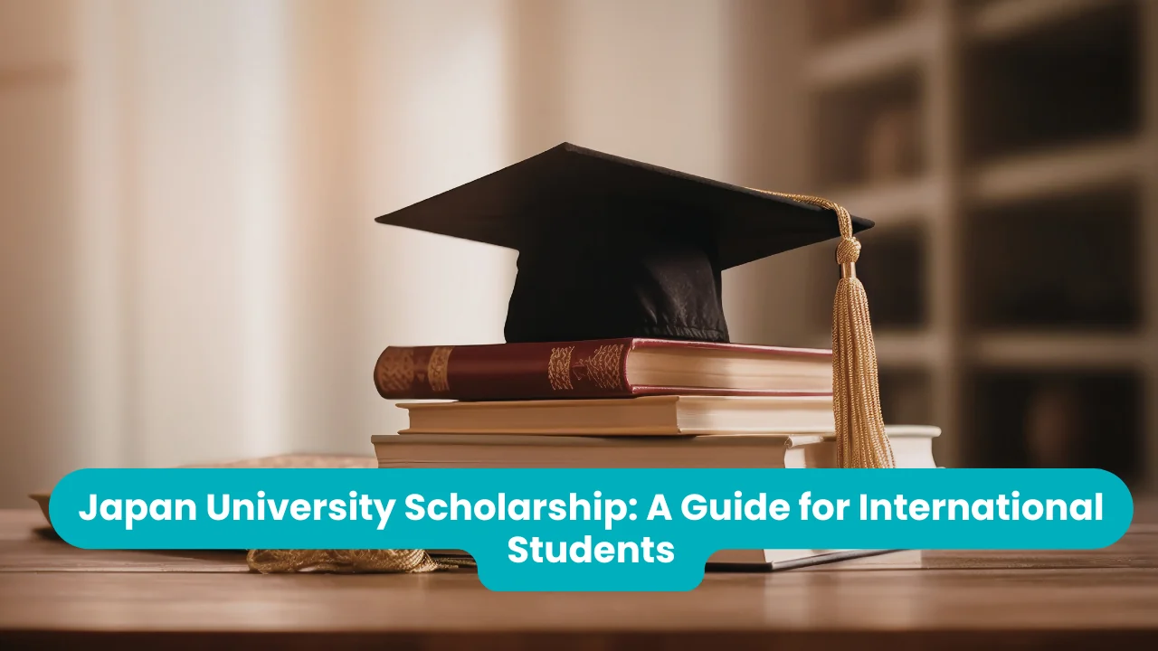 Banner reading 'Japan University Scholarship: A Guide for International Students' across a photograph of a black graduation cap with a gold tassel resting on a stack of books on a wooden table