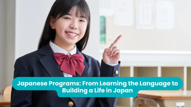 Banner reading 'Japanese Programs: From Learning the Language to Building a Life in Japan' across a photograph of a smiling student in a navy school blazer and red bow pointing upward in a classroom