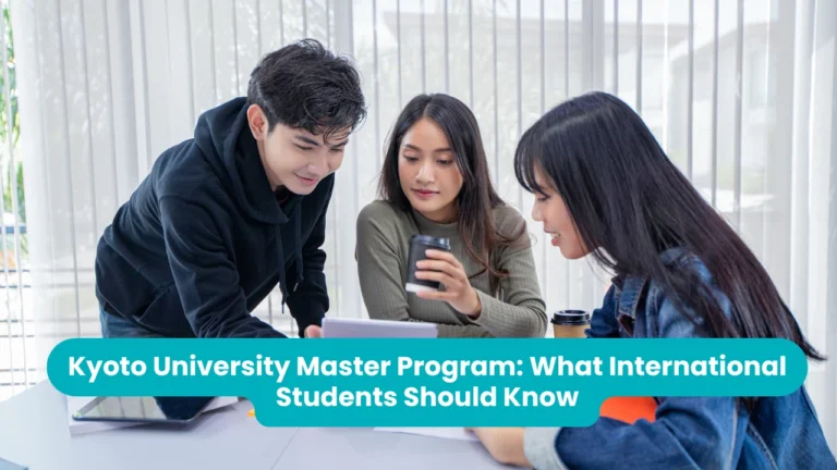 Banner reading 'Kyoto University Master Program: What International Students Should Know' across a photograph of three students at a table by a window, one leaning over to look at a tablet while another holds a takeaway coffee cup