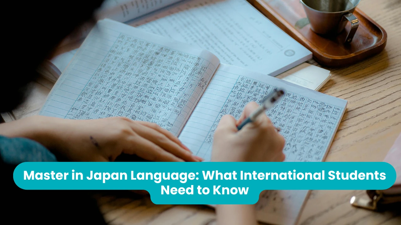 Banner reading 'Master in Japan Language: What International Students Need to Know' across a close-up of a student writing kanji by hand in a squared exercise book on a wooden desk, with a metal cup on a tray beside it