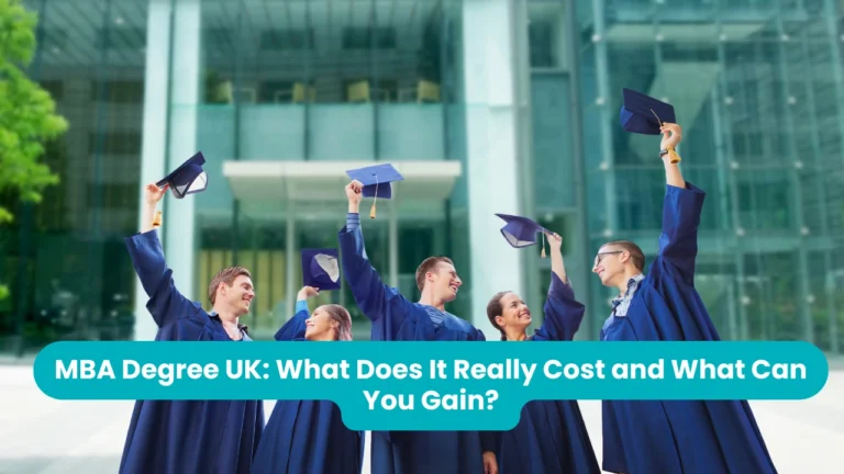 Banner reading 'MBA Degree UK: What Does It Really Cost and What Can You Gain?' across a photograph of five graduates in blue gowns throwing their caps in the air outside a glass-fronted building