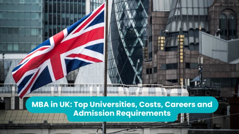 Banner reading 'MBA in UK: Top Universities, Costs, Careers and Admission Requirements' across a photograph of a Union Jack flying in front of glass office towers in the City of London