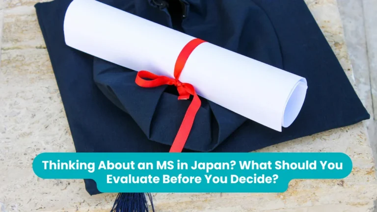 Banner reading 'Thinking About an MS in Japan? What Should You Evaluate Before You Decide?' across a photograph of a rolled white diploma tied with a red ribbon resting on a navy graduation cap on a stone surface