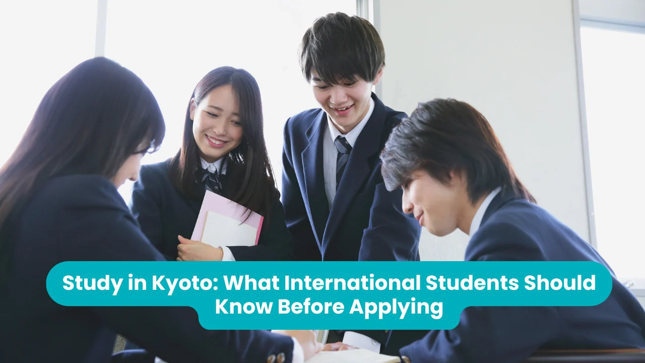 Banner reading 'Study in Kyoto: What International Students Should Know Before Applying' across a photograph of four smiling students in dark school blazers gathered around a desk with a notebook