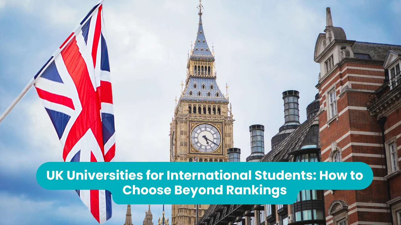 Banner reading 'UK Universities for International Students: How to Choose Beyond Rankings' across a photograph of the Elizabeth Tower rising between red-brick buildings, with a Union Jack flag in the foreground