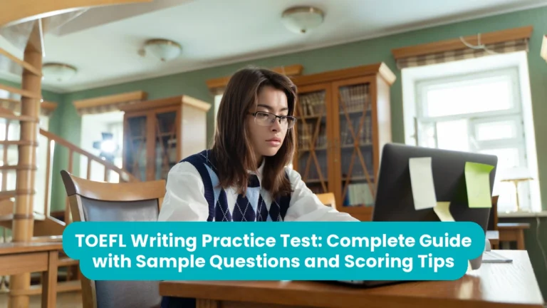 A student in glasses and an argyle vest types on a laptop at a wooden desk in a green-walled library with glass-fronted bookcases. A teal banner across the lower third reads ‘TOEFL Writing Practice Test: Complete Guide with Sample Questions and Scoring Tips’.