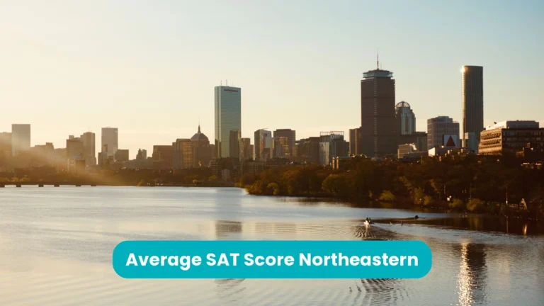 Banner reading 'Average SAT Score Northeastern' across a photograph of the Boston skyline at sunset seen across the Charles River, home city of Northeastern University