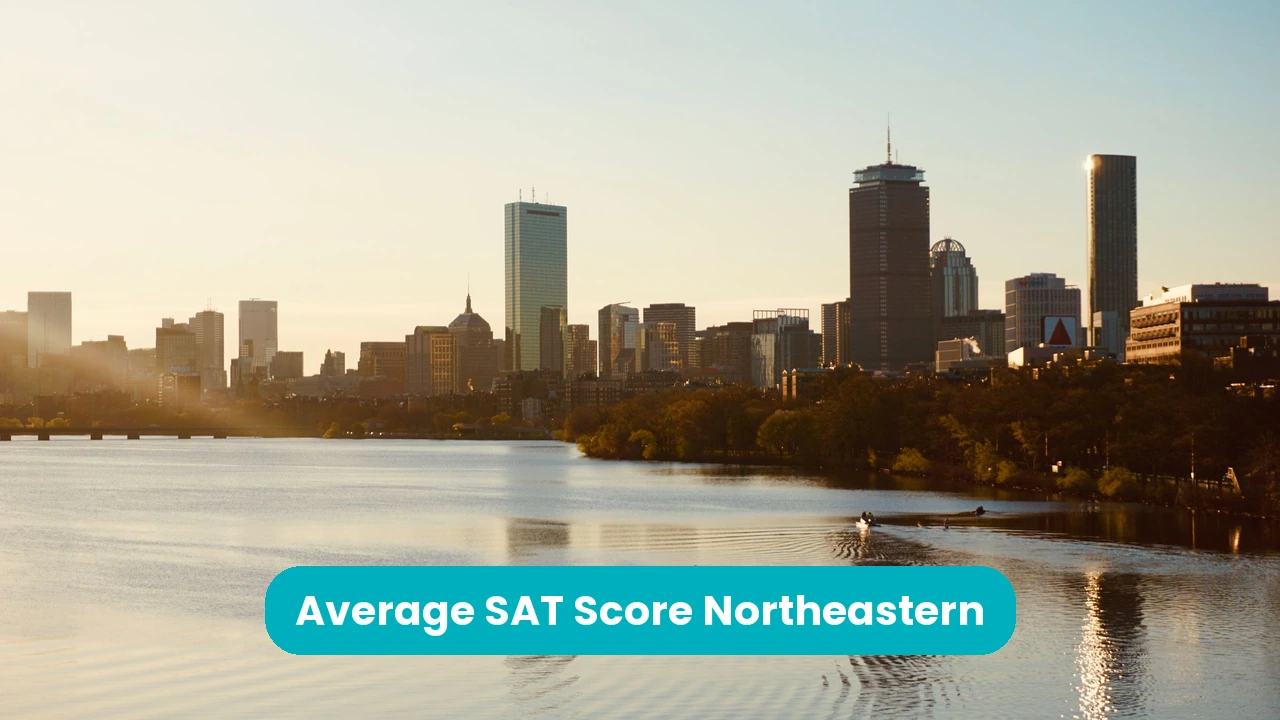 Banner reading 'Average SAT Score Northeastern' across a photograph of the Boston skyline at sunset seen across the Charles River, home city of Northeastern University