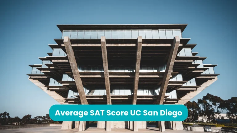 Banner reading 'Average SAT Score UC San Diego' across a photograph of the Geisel Library at UC San Diego, a stepped concrete-and-glass building on angled pillars, against a blue sky