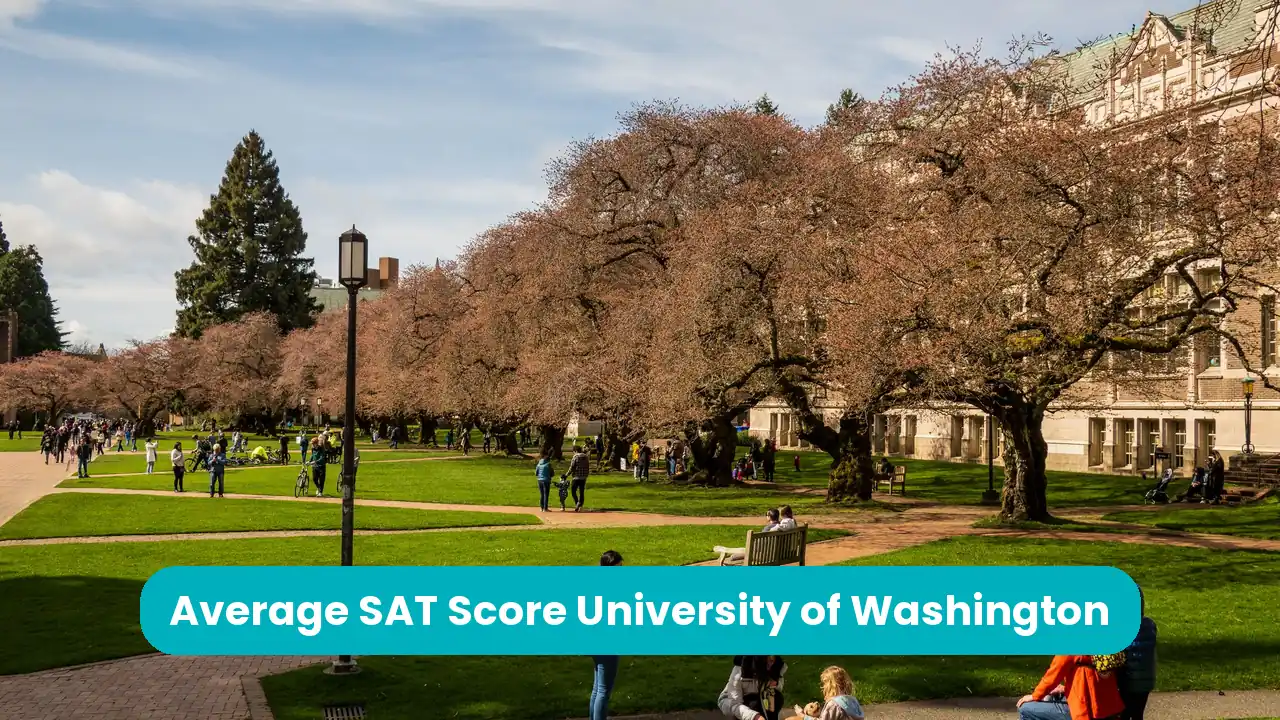 Banner reading 'Average SAT Score University of Washington' across a photograph of the University of Washington Quad in Seattle, with a row of cherry trees, green lawns and students walking