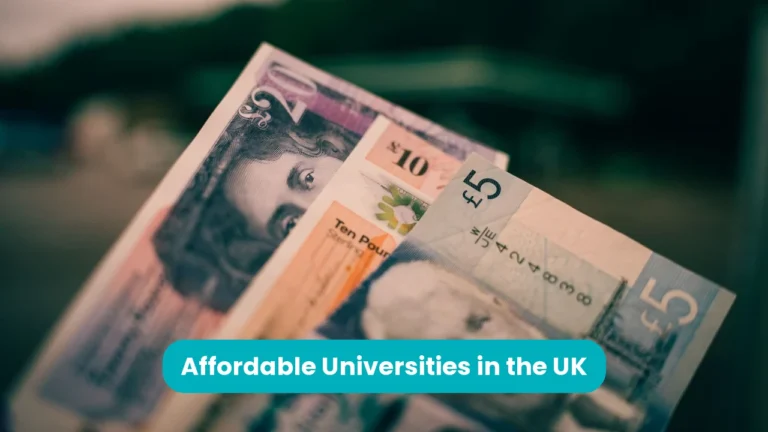 Close-up of British banknotes fanned out together: a 20 pound, a 10 pound and a 5 pound note, against a blurred dark green background. A teal banner across the lower third reads ‘Affordable Universities in the UK’.