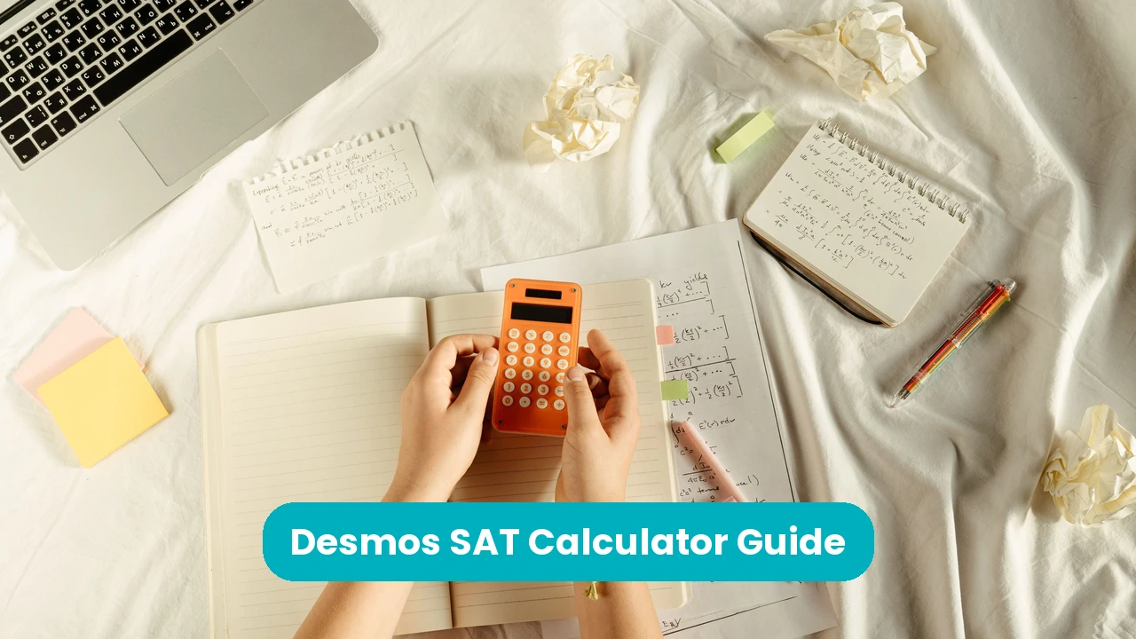 Banner reading 'Desmos SAT Calculator Guide' across a flat-lay photograph of hands holding an orange calculator over an open notebook, with handwritten maths notes, sticky notes and a laptop