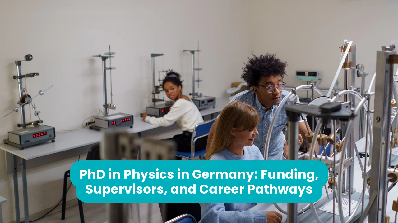 Three university students work at physics apparatus in a bright teaching laboratory: two lean in over a frame of brass weights on rotating rings while a third sits at a timer on the bench behind them. A teal banner across the lower third reads ‘PhD in Physics in Germany: Funding, Supervisors, and Career Pathways’.
