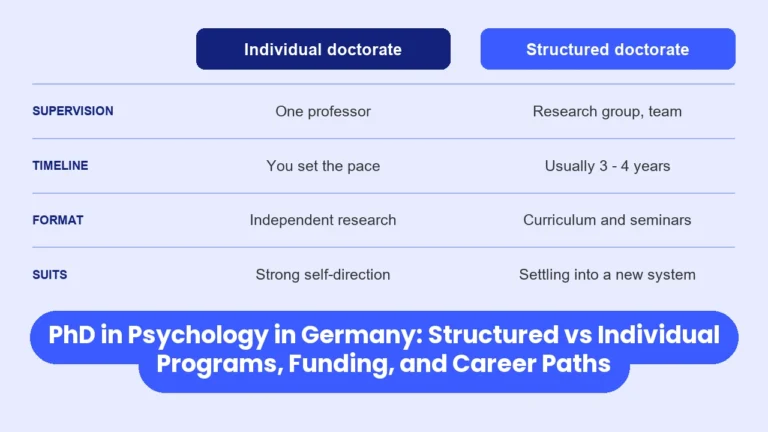 A table comparing an individual doctorate with a structured doctorate. Supervision: one professor, against a research group and team. Timeline: you set the pace, against usually three to four years. Format: independent research, against a curriculum and seminars. Suits: strong self-direction, against settling into a new system.