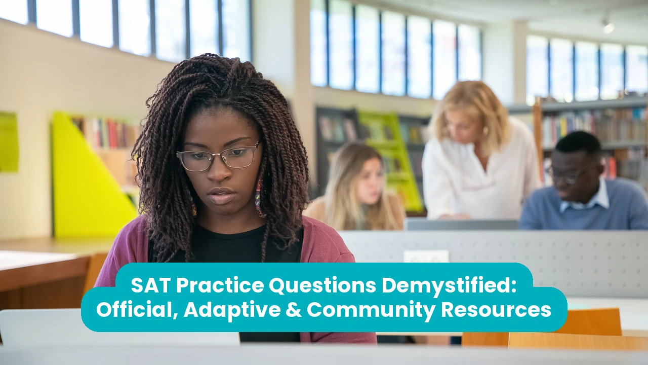 A student in glasses and a pink cardigan works at a laptop in a library, while a teacher helps two students at the desk behind her. A teal banner across the lower third reads ‘SAT Practice Questions Demystified: Official, Adaptive & Community Resources’.