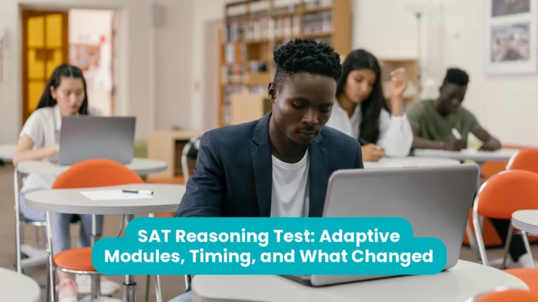 A student in a navy blazer types on a laptop at a round white table, with other students working at laptops and desks around the room. A teal banner across the lower third reads ‘SAT Reasoning Test: Adaptive Modules, Timing, and What Changed’.