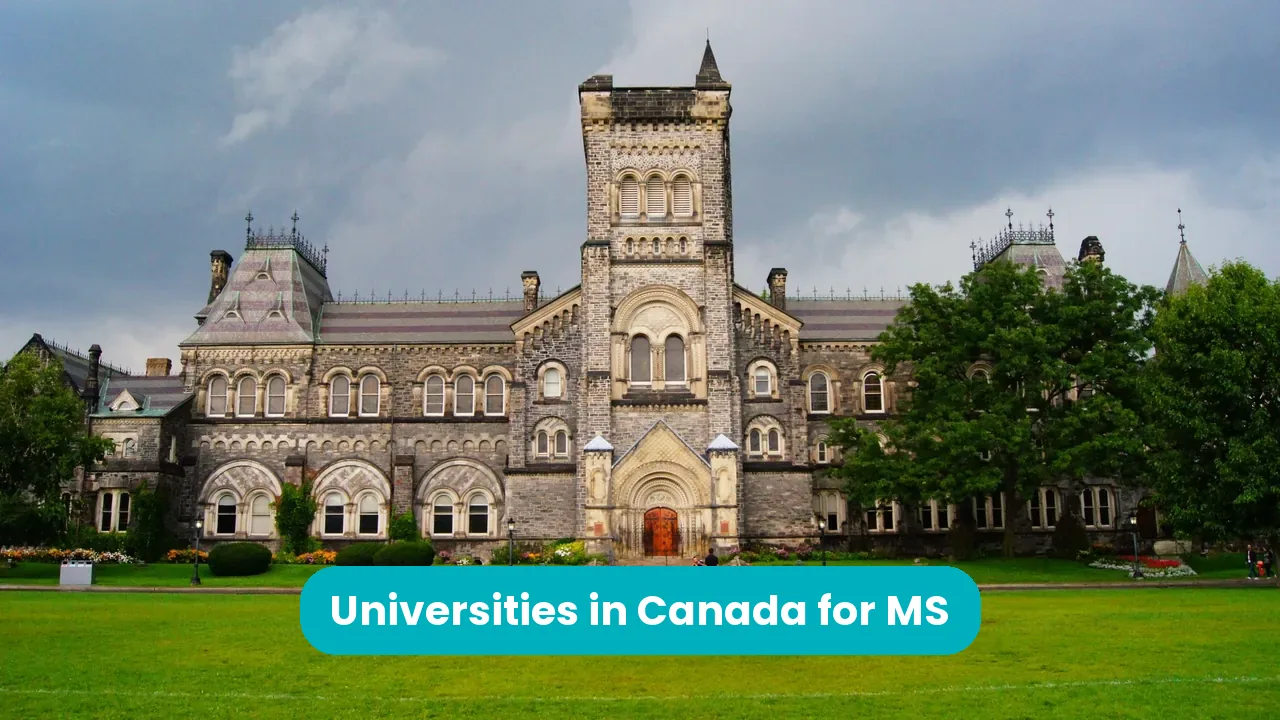 The Gothic Revival stone front of University College at the University of Toronto, with its central tower and arched wooden doorway, seen across a wide green lawn under a grey, cloudy sky. A teal banner across the lower third reads ‘Universities in Canada for MS’.