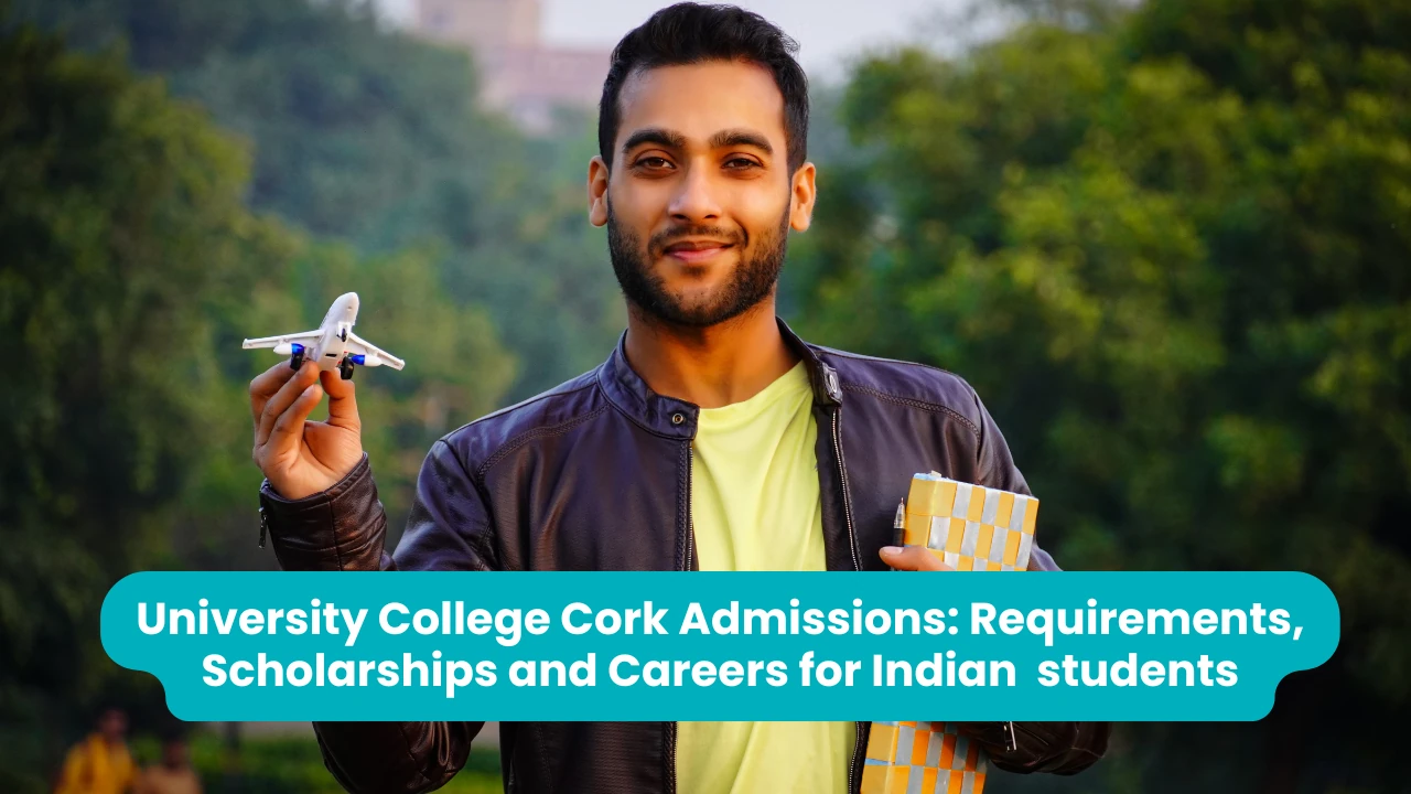 Banner reading 'University College Cork Admissions: Requirements, Scholarships and Careers for Indian students' across a photograph of a smiling young man in a dark leather jacket standing outdoors among green trees, holding up a small toy aeroplane in one hand and a notebook in the other